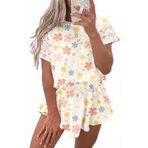 NEW LOVESOFT floral print crop top wide leg short set in apricot